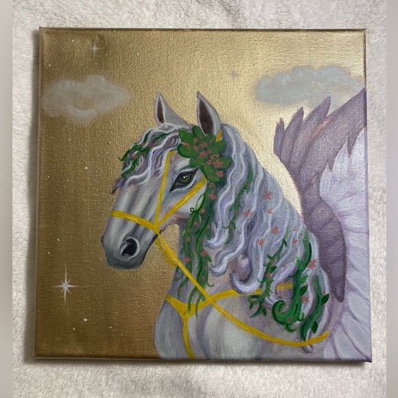 ‘Magic’ Metallic Gold White Pegasus Acrylic Canvas Painting 12 x 12in original